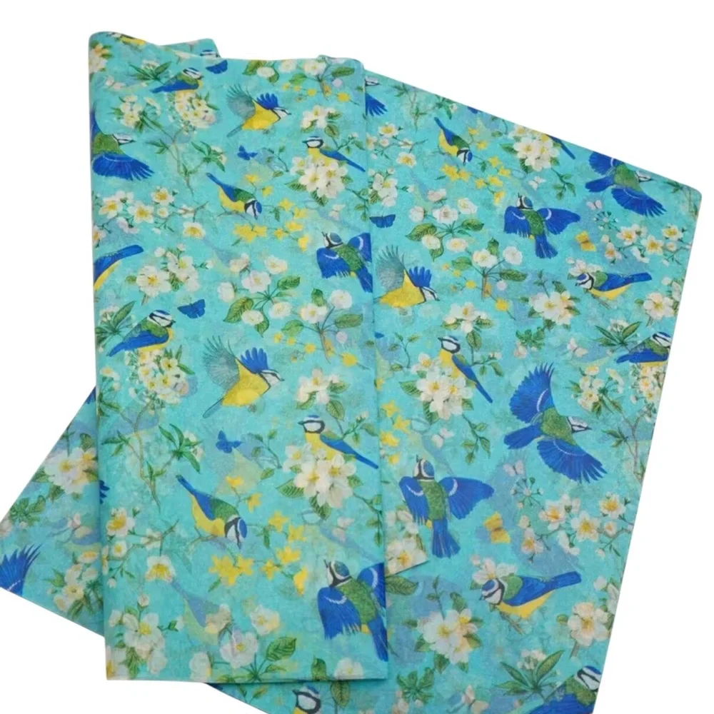 Turquoise Blue Floral & Bird Gift Wrapping Tissue - 5 Individual Sheets